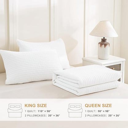 Sanracie Cotton Queen Quilt Bedding Set(90"x98") ，Ultra Soft Stonewashed Milk White Bedspread Coverlet Cross Stitch Pattern Lightweight Crinkle Quilted Bedspread Set 3Pcs for All Season