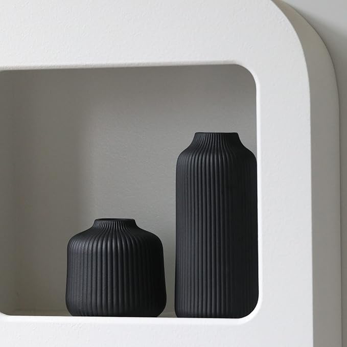 Ceramic Vases in Nordic Style, Modern Vase Deco for Pampas Grass, Boho Deco for Windowsill, Vases Set in Black Matt, Flower Vase as Home Decoration for Fresh Flowers, Dried Flowers, Set of 2