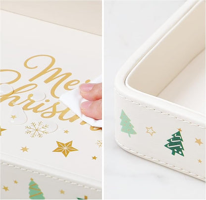 Desk Organizer Tray, PU Leather Valet Tray Nightstand Organizer Cologne Perfume Trays for Men Women, Decorative Vanity Trays Key Bowl Trinket Dish (Christmas Tree Pattern, 10" x 8" x 1.6")