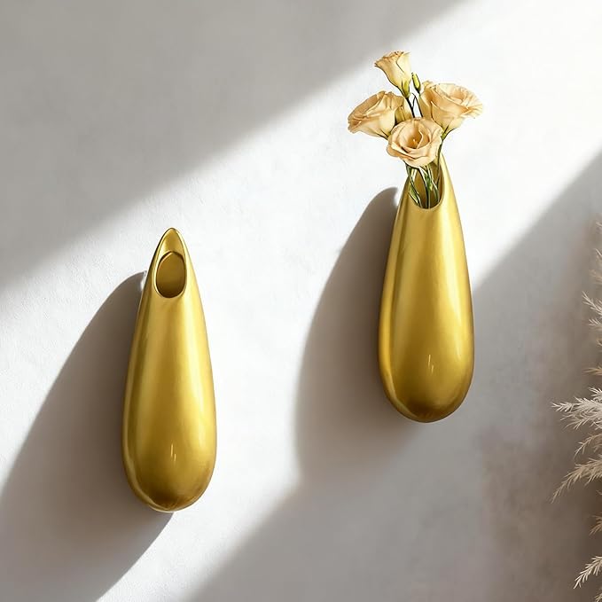 Sculptural Wall Ceramic Vase — 2 Pack Gold Hanging Sconce Vase | Turn Flowers into Art — Decorative Ceramic Wall Sconce for Single Stem Displays
