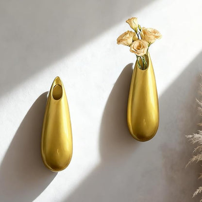Sculptural Wall Ceramic Vase — 2 Pack Gold Hanging Sconce Vase | Turn Flowers into Art — Decorative Ceramic Wall Sconce for Single Stem Displays