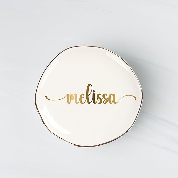 Personalized Ceramic Gold Trim Jewelry Tray Bridesmaid Wedding Engagement Gifts Jewelry Dish Decorative Trinket Custom Ring Dish With Name Couple Initials (Style A)
