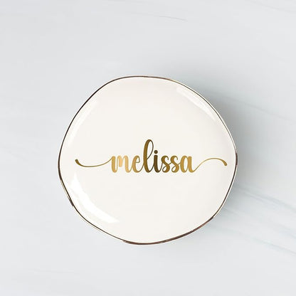 Personalized Ceramic Gold Trim Jewelry Tray Bridesmaid Wedding Engagement Gifts Jewelry Dish Decorative Trinket Custom Ring Dish With Name Couple Initials (Style A)