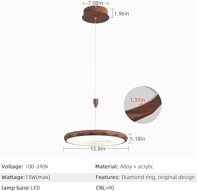 HEYAN 15.8" Farmhouse Pendant Light in Walnut Wood Finish, Light Fixtures Over Table，Original Design Angled-Facet Ring Kitchen Island Lighting for Dining Room Table Coffee Bar Counter