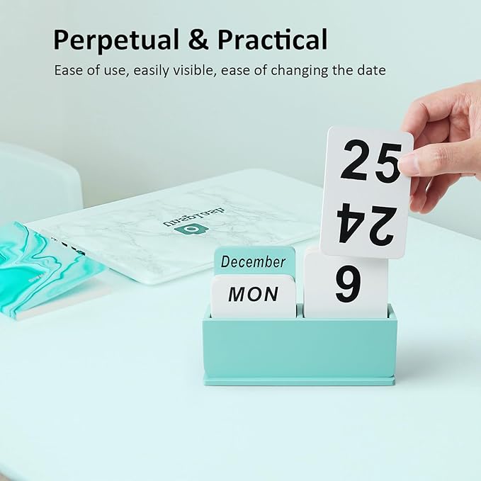 Wooden Block Perpetual Calendar for Desk, Daily Desktop Standing Flip Calendar with Large Display, Modern Farmhouse Aesthetic Desk Accessories for Home Office Decor, Reusable Yearly, Green