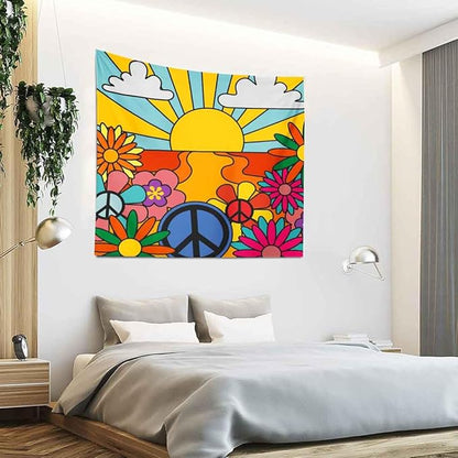BULOR 70's Groovy Retro Sunshine Flowers Tapestry Wall Hangings, Rainbow Boho Funky Vintage Tapestry For Kids Student Bedroom Living Room Dorm Man Cave Background 60x60inch