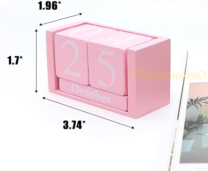 Framendino, Pink Vintage Wood Calendar Rustic Block Chic Perpetual Desktop Wooden Cubes for Home Office Desk Decoration