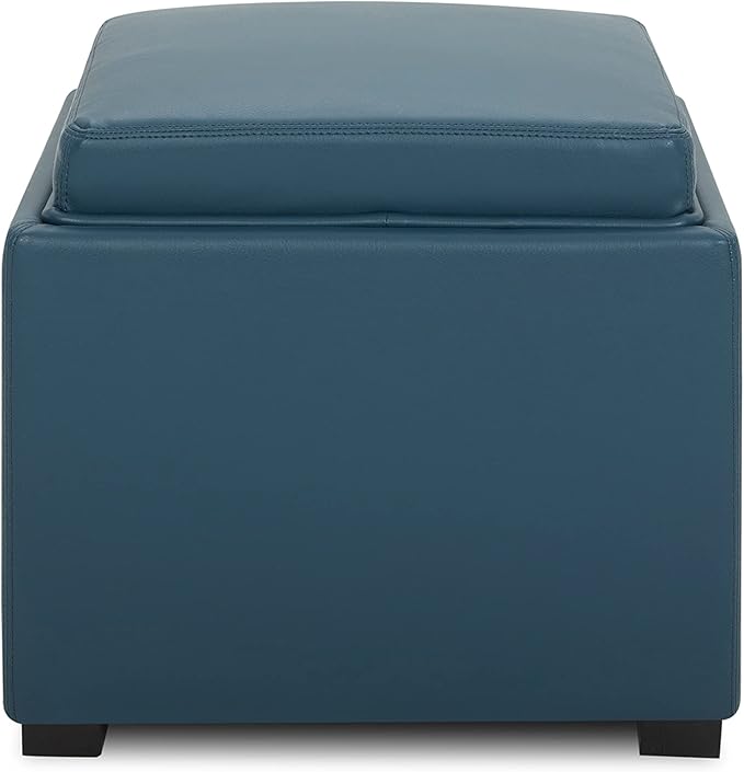CHITA Storage Ottoman Cube with Tray Lid, Small Footstool with Storage, Square End Table for Living Room and Bedroom, Faux Leather in Dark Blue