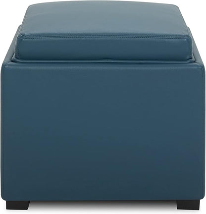 CHITA Storage Ottoman Cube with Tray Lid, Small Footstool with Storage, Square End Table for Living Room and Bedroom, Faux Leather in Dark Blue