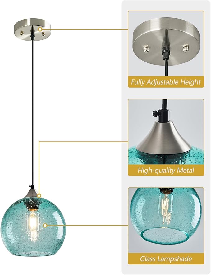 Light Blue Glass Pendant Lights Kitchen Island Lighting Globe Pendant Light Fixtures Modern Pendant Lighting for Bedroom Living Dining Room Light Fixture (7.87 in, 1 Pack)