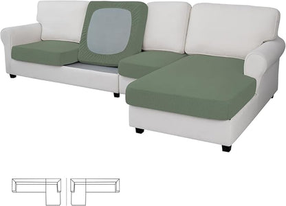 Easy-Going Stretch 4 Pieces Couch Cushion Covers for Sectional Sofa Left/Right L Shape Chaise Lounge Sofa Seat slipcover Anti-Slip Sofa Cover Soft (3 Seater + 1 Chaise, Greyish Green)