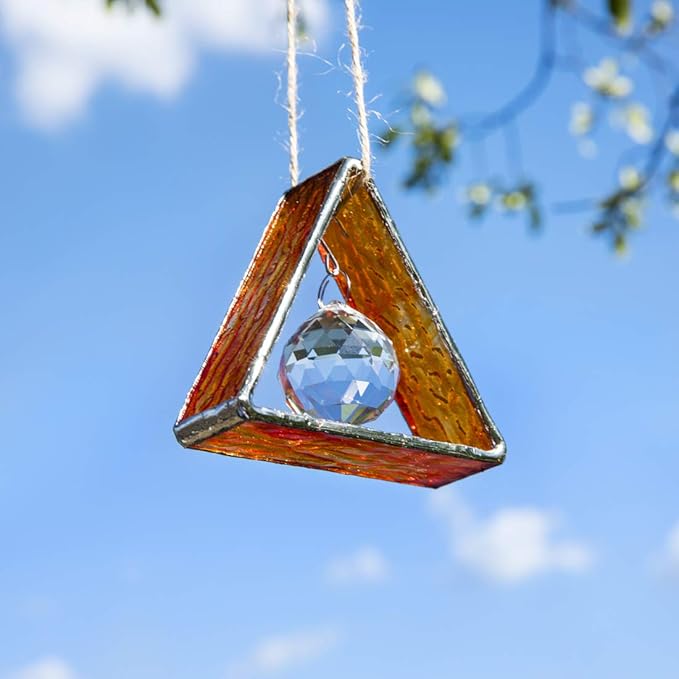 H&D HYALINE & DORA Handcrafted Pyramid in Stained Glass, Stained Glass Window Sun Catcher Hangings Ornament, Crystal Ball Prism Decor for Home Table,Orange