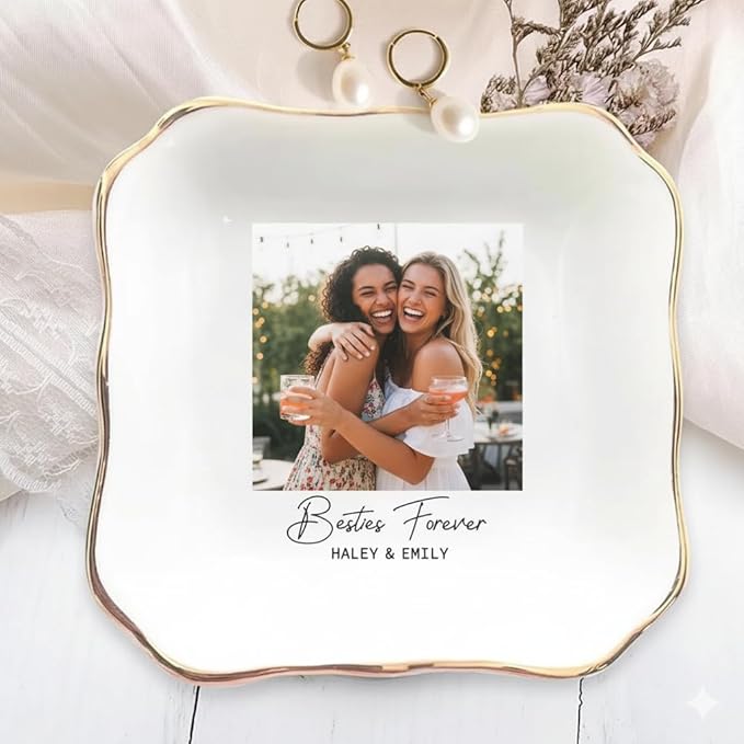 Custom Photo Bestie Jewelry Dish, Ceramic Personalized Ring Dish, Trinket Dish Gift for Long Distance Friendship Soul Sister Women BFF Christmas Birthday Wedding Bride To Be Gift