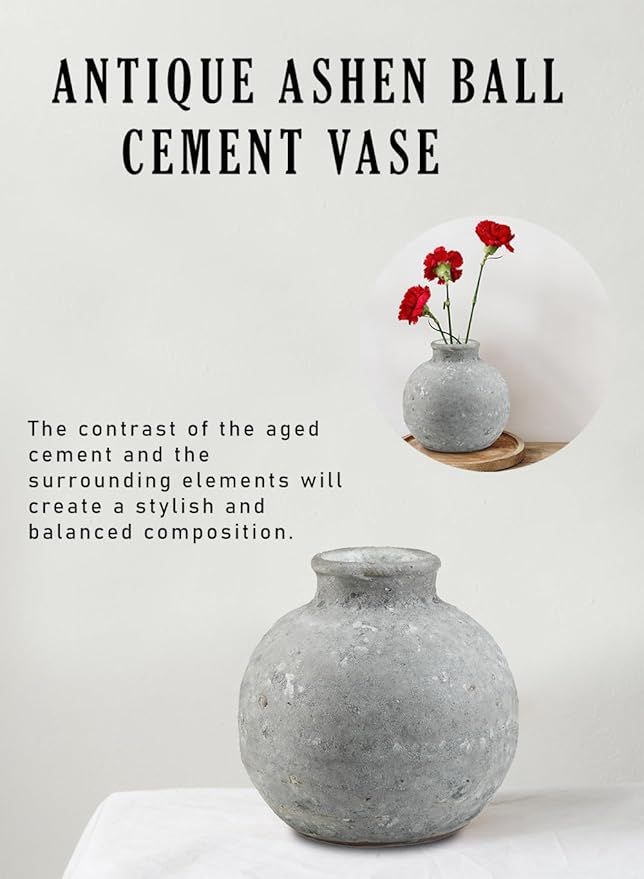 Serene Spaces Living Antique Ashen Ball Cement Vase, Grey Concrete Floral Vase, Home, Office Decor, Table Centerpiece for Vintage Wedding, Anniversary, Birthday, Holiday, 7.5" Diameter & 7" Tall