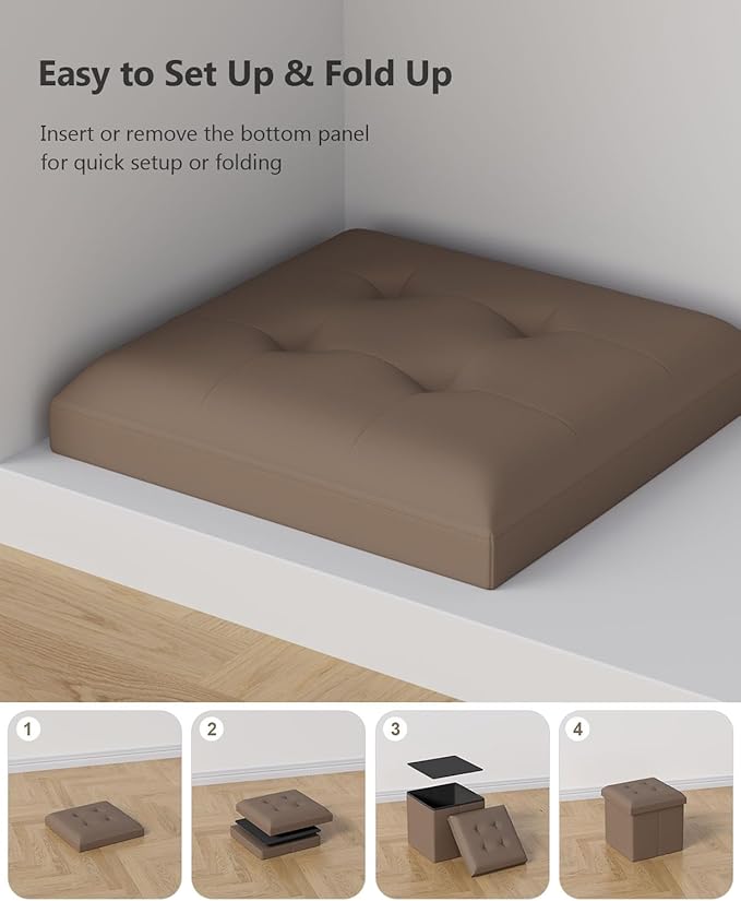 Folding Storage Ottoman Bench, Multi-Functional Ottoman Foot Rest, End of Bed Bench, Storage Chest for Living Room, Bedroom, Hallway, Entryway, Holds Up to 300 lbs (Brown, 15 Inches)