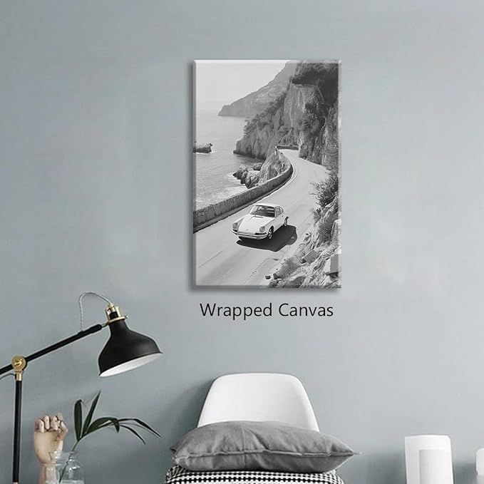Black and White Photography Canvas Wall Art, Car Driving In Amalfi Coast Poster, Vintage Italy Coastal Travel Photo Print, Classic Car Picture for European Road Adventures 16x24in Wrapped Canvas