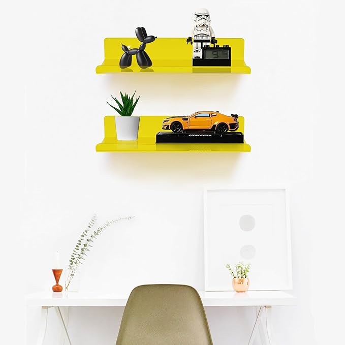 ROYALITA Small Acrylic Shelves Wall Mounted | Set of 2 | 12 Inches | Wall Hanging Plant Display Shelves, Room Decor Floating Wall Shelves for Gaming Room Bedroom, Living Room, Office, Yellow