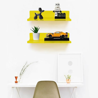 ROYALITA Small Acrylic Shelves Wall Mounted | Set of 2 | 12 Inches | Wall Hanging Plant Display Shelves, Room Decor Floating Wall Shelves for Gaming Room Bedroom, Living Room, Office, Yellow
