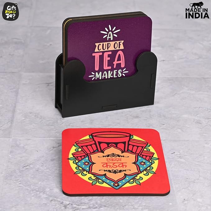 GKD Wooden Coasters for Drinks, MDF Chai/Tea Lover Coasters Set of 6 with Holder, 3.8 inches Eco-Friendly Absorbent Coaster for Coffee Table, Bar, Drinking Glasses, Tabletop Protection