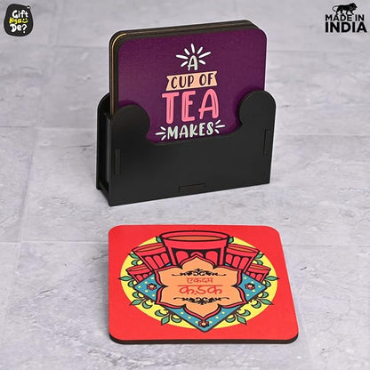 GKD Wooden Coasters for Drinks, MDF Chai/Tea Lover Coasters Set of 6 with Holder, 3.8 inches Eco-Friendly Absorbent Coaster for Coffee Table, Bar, Drinking Glasses, Tabletop Protection