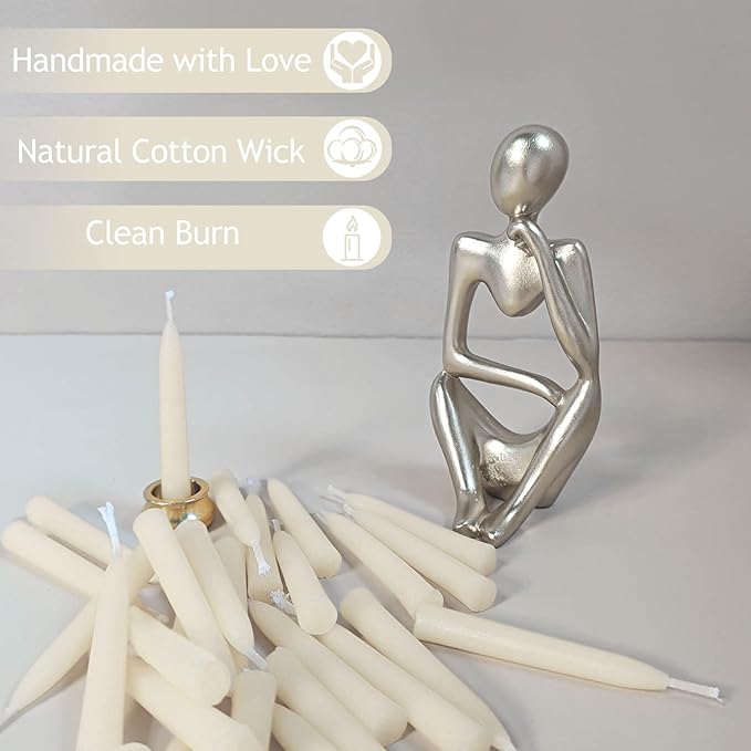 Meditation White Taper Candles Set, 20 Minute Unscented Mini Prayer Candles, 30 pcs Small Wishing Candle with Brass Candle Holders for Home Yoga
