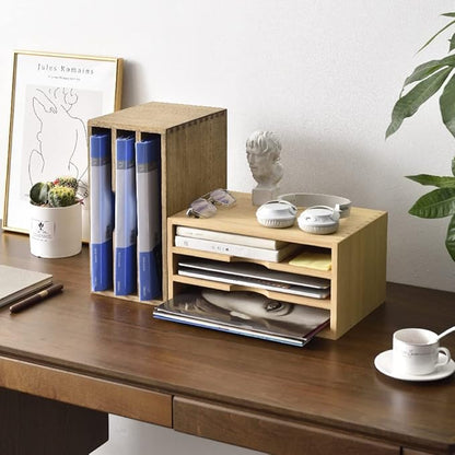 KIRIGEN Wooden Desktop Organizer Paper Storage Letter Tray File Sorter - Desk Rack Magazine File Dividers Holders for Home Office Accessories Wood Desk Cabinet with 3 Layer Trays Natural(3KWJG-NA)