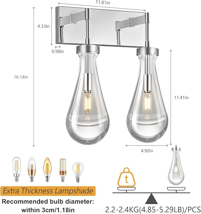 Raindrop Wall Sconces Chrome Crystal Sconces Wall Decor Modern Lighting Glass Bathroom Sconces Indoor Vanity Light Wall Lamp for Bedroom Living Room Stair(2-Light)