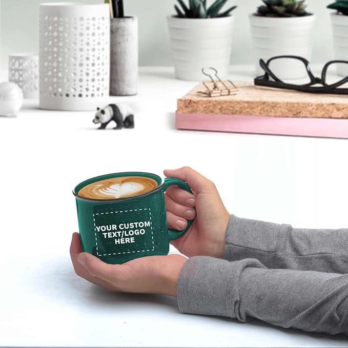 DISCOUNT PROMOS Custom Ceramic Campfire Coffee Mugs 13 oz. Set of 10, Personalized Bulk Pack - Perfect for Tea, Espresso, Cappuccino, Hot Cocoa - Green