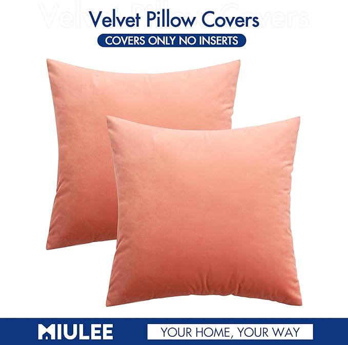 MIULEE Velvet Throw Pillow Covers 20x20 Inch, Pack of 2 - Coral Red, Soft Solid Decorative Pillow Covers Cushion Cases Modern Luxury Home Decor for Spring Couch Sofa Bedroom Livingroom