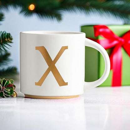 COLLECTIVE HOME - Monogram Ceramic Mugs, 15 oz Golden Initial Coffee Cups, Elegant Alphabet Tea Mugs, Elegant Personalized Mug with Gift Box, Unique Mug with Double Side Capital Letter (X)