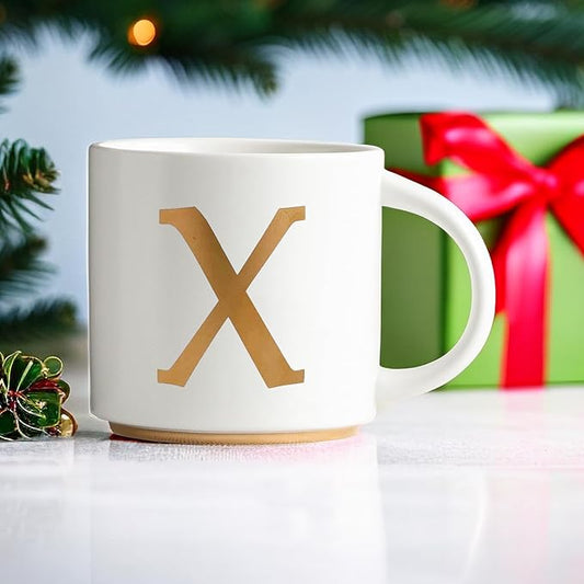 COLLECTIVE HOME - Monogram Ceramic Mugs, 15 oz Golden Initial Coffee Cups, Elegant Alphabet Tea Mugs, Elegant Personalized Mug with Gift Box, Unique Mug with Double Side Capital Letter (X)