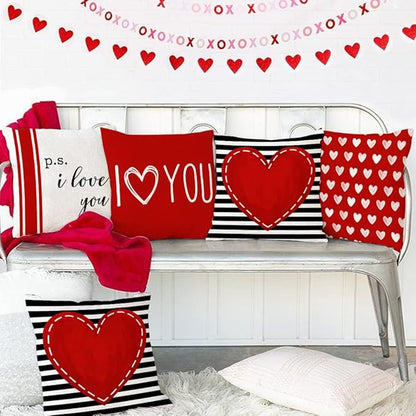 GEEORY Valentine's Day Pillow Covers 18 x 18 Inch Set of 4 - Red Black Stripes Love Heart I Love You Throw Pillows Decorative Cushion Cases for Valentine Decor