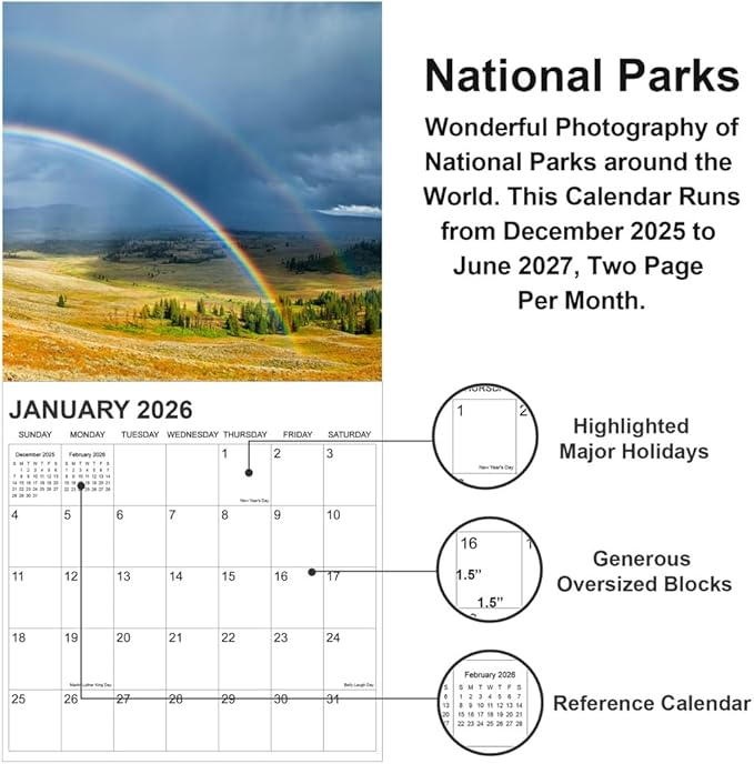 2026 Calendar for Wall, National Parks Calendar 2026-2027 from January 2026 - June 2027, 12" x 24" Opened 18 Months Calendar, Full Page Months Thick & Sturdy Paper for Gift Perfect Organizing
