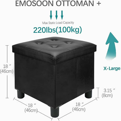 18 Inches Cube Storage Ottoman, Faux Leather Collapsible Square Folding Ottoman Furniture with Storage for Living Room Bedroom, Foot Rest Foot Stool with Legs, Black 18x18x18 Inches