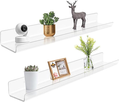 ROYALITA 24 Inches Acrylic Floating Book Shelves Wall Mounted Set of 2, Wall Hanging Plant Display Shelves, Room Decor Floating Wall Shelves for Gaming Room, Bedroom, Living Room, Office, Clear