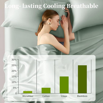 Shilucheng 100% Viscose Derived from Bamboo_ Sheets Full Size 4pcs - Ultra Cooling & Silky Soft Bed Sheets, 16" Deep Pocket, Perfect for Hot Sleepers, Hotel Bedding Sheets (Sea Glass)