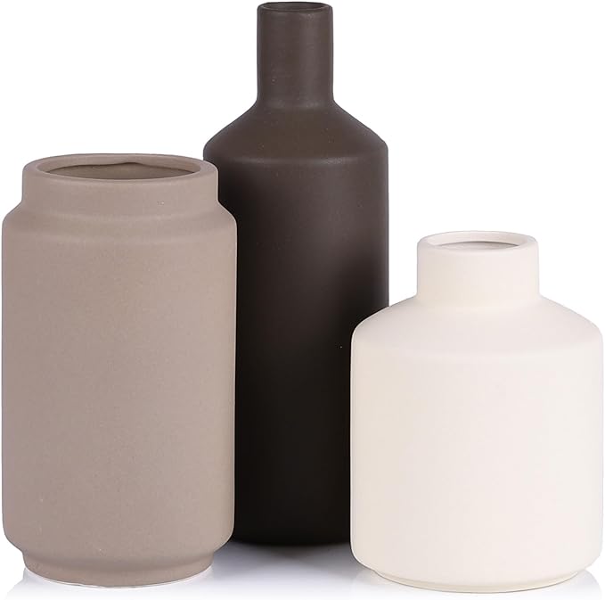 Ceramic Vase Set of 3 - Modern Neutral Vases Home Decor, Minimalism Decorative Vases, Boho Decor Small Flower Vase for Shelf, Dining Table Entryway Mantel Centerpiece Bookshelf Living Room Bathroom