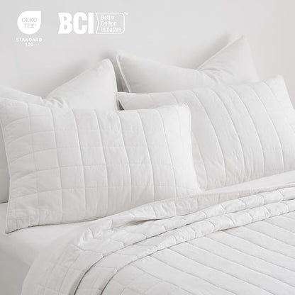 EVERGRACEHOME 100% Cotton Box Stitch Quilt Bedding Set Queen Size 3 Pieces, Garment-Washed Lightweight Soft Cozy Coverlet, Quilted Bedspread Sets with 2 Shams for All Season, Bright White
