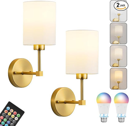 Battery Operated Wall Sconce Set of Two,Wireless Rechargeable Wall Light With Remote Control, Dimmable, 1800K/3000K/4000K/6000K/RGB, Timer, for Living Room, Bedroom, Fireplace, TV, 13.5 Inch, Gold