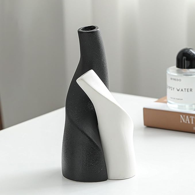 Irregular Circular Cross Ceramic Vase Set,Modern Minimalist Abstract Art Flower Vase for Home Decor,Decorative Small Bud Vase for Home Office Shelf Decor(Black White)