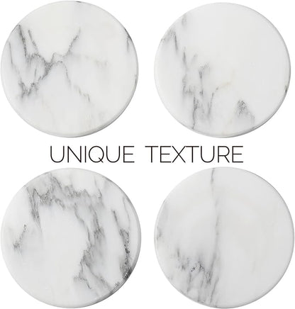 Koville Marble Coaster Set of 4, Round Coasters, 4" Stone Coaster for Drinks Coffee, Marble Coasters for Coffee Table Home Bar Decor, Heat Resistant, Gift Choice(Arabescato)