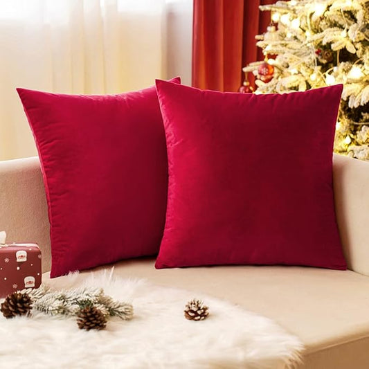 EMEMA Pack of 2 Velvet Christmas Throw Pillow Covers Decorative Square Pillowcase Soft Solid Cushion Case for Sofa Bedroom Chair Car 24x24 Inch Red