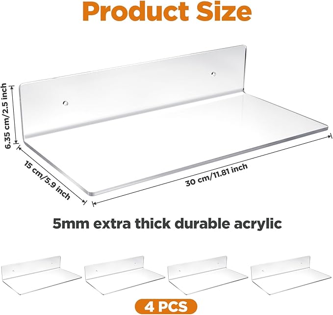 4 Pack 12 Inch L-Shaped Acrylic Floating Shelf Clear Wall Mounted Shelves Invisible 4.3MM Thick Shelf for Wall Storage Clear Shelves for Makeup Photo Picture Book Record Display