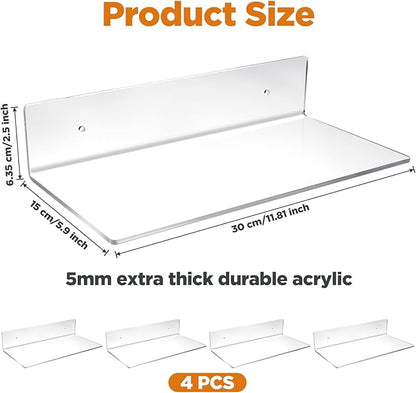 4 Pack 12 Inch L-Shaped Acrylic Floating Shelf Clear Wall Mounted Shelves Invisible 4.3MM Thick Shelf for Wall Storage Clear Shelves for Makeup Photo Picture Book Record Display