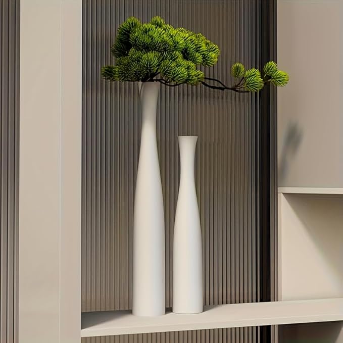 Matte Black Vase 2PCs| Minimalist Vase for Home Decor | Tall Skinny Vases | 3D Printed Plastic Faux Ceramic Cylinder | Aesthetic Single Stem Holder for Wedding Living Room Table Centerpiece (White)