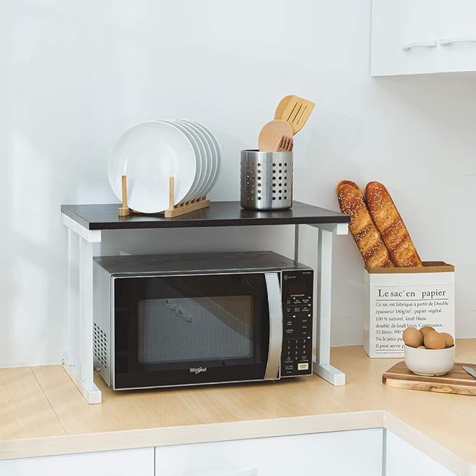 Wooden Microwave Oven Rack, 2-Tier Kitchen Counter Shelf, Kitchen Space Saving Organizer, Two Layers Counter Top Organizer for printers on desk, Microwave Shelf Stand,Microwave Countertop Stand- Black