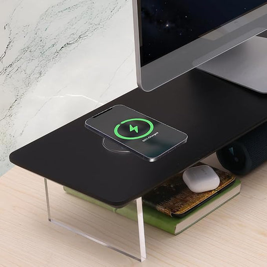 SUIBIAN Black Monitor Stand Riser with Wireless Charging 31.5Inch Large, Computer Monitor Stand,Wooden Desktop Organizer Shelf for Office Desk Computer,Laptop,TV (Black Oak)