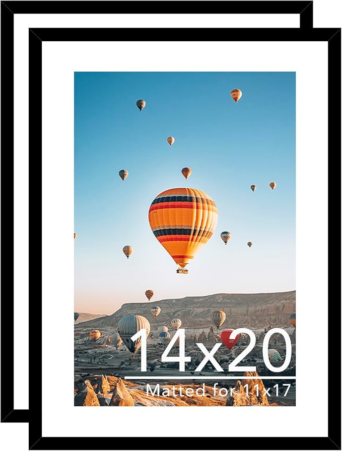 14x20 Picture Frame Set of 2 with 11x17 Mat, Display Photo 11x17 with Mat or 14 x 20 Without Mat, Wall Hanging Large 14 by 20 Poster Frame with Plexiglass, 2 Pack, Black
