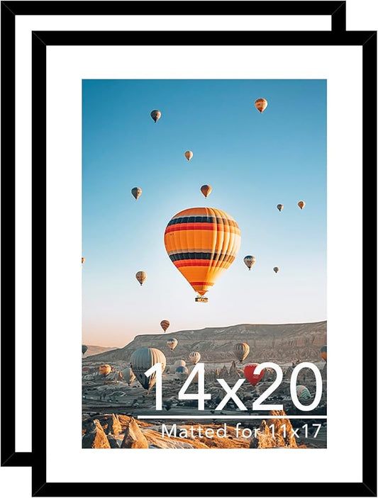 14x20 Picture Frame Set of 2 with 11x17 Mat, Display Photo 11x17 with Mat or 14 x 20 Without Mat, Wall Hanging Large 14 by 20 Poster Frame with Plexiglass, 2 Pack, Black