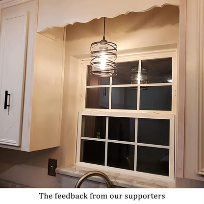 Modern Mini Pendant Light Fixture Kitchen Island Pendant Lighting 6.30''Matte Black Spiral Cage Handblown Clear Seeded Glass Shade Hanging Lamp Adjustable Cord for Dining Room 1-Pack,E26